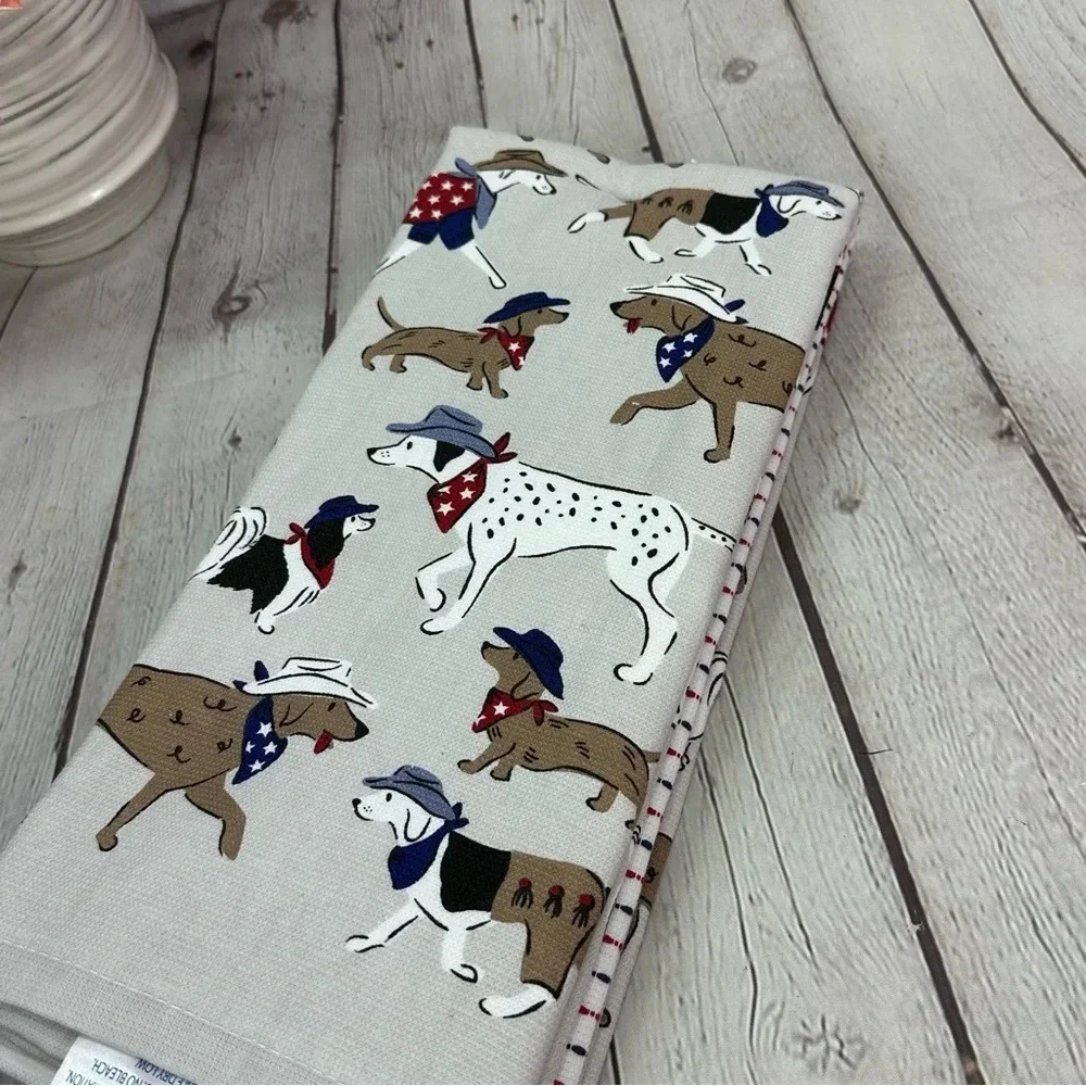 NWT truly lou americana cotton kitchen towel set of 3 with dogs in cowboy hats